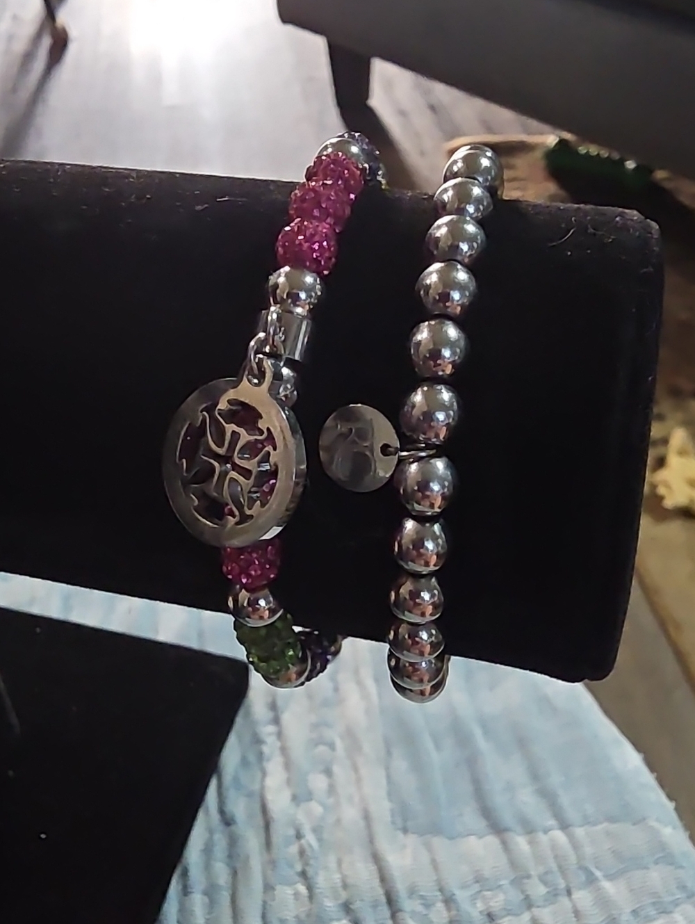 Rustic Cuff Silver Beaded Bracelet with Pink and Green Crystal Accents